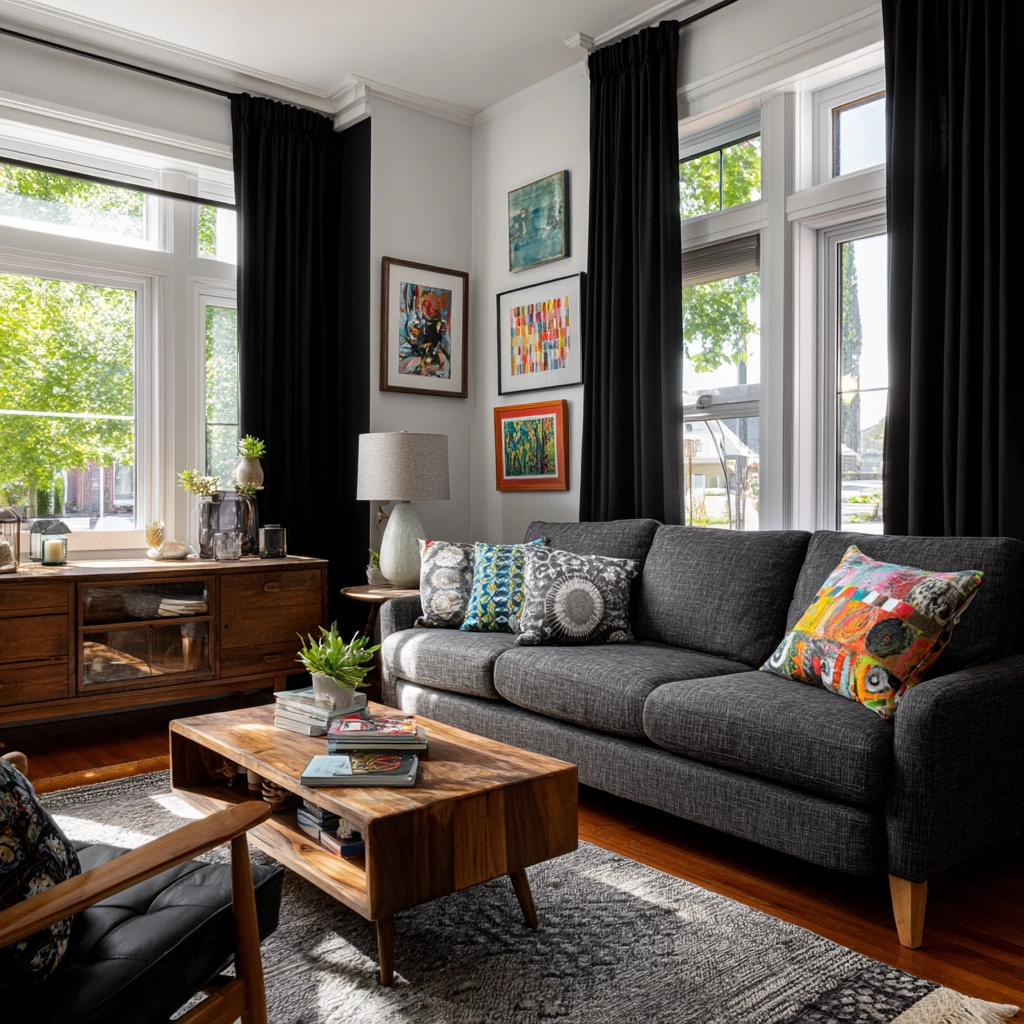 black curtains living room ideas 57