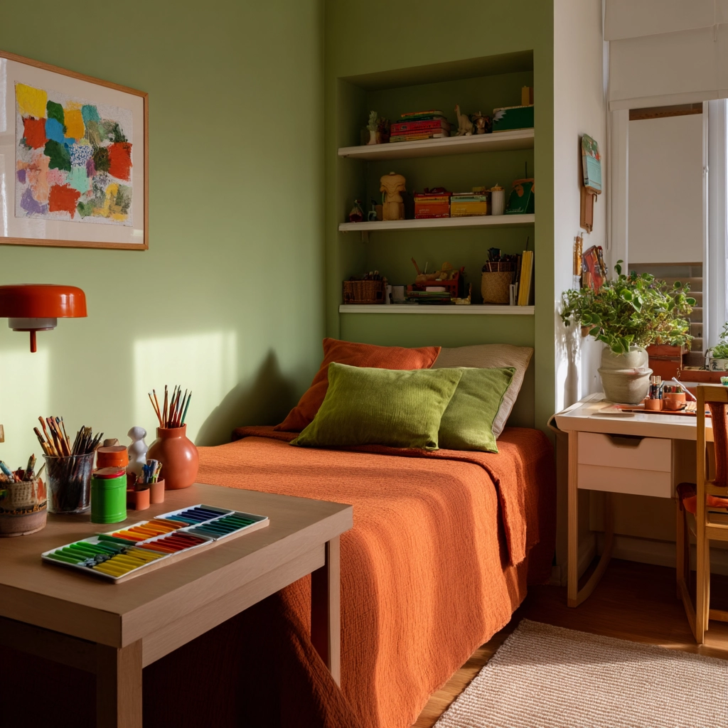 green and terracotta bedroom 53