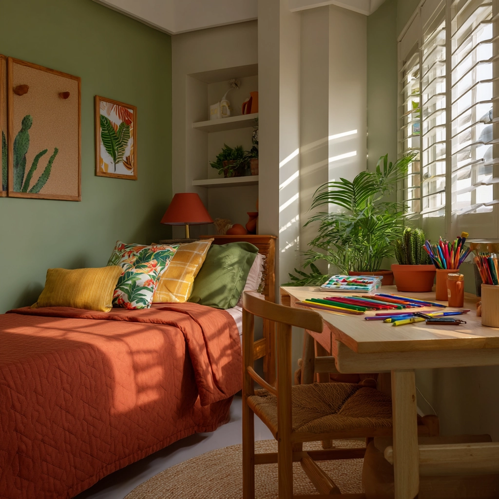 green and terracotta bedroom 55