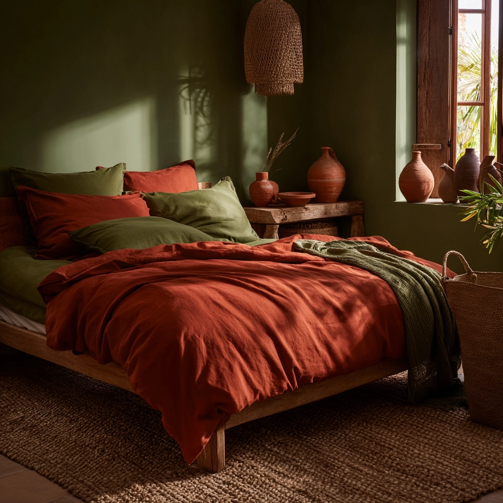 green and terracotta bedroom 60