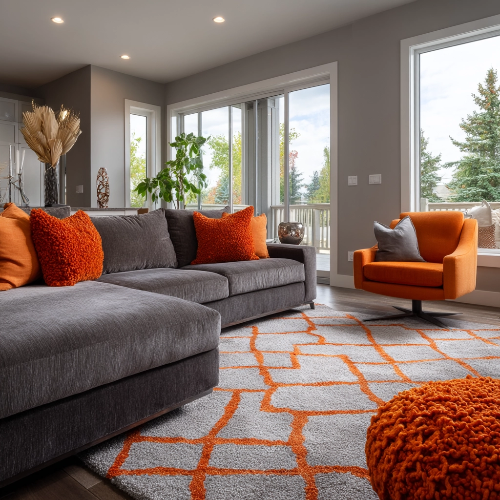 grey and orange living room 1