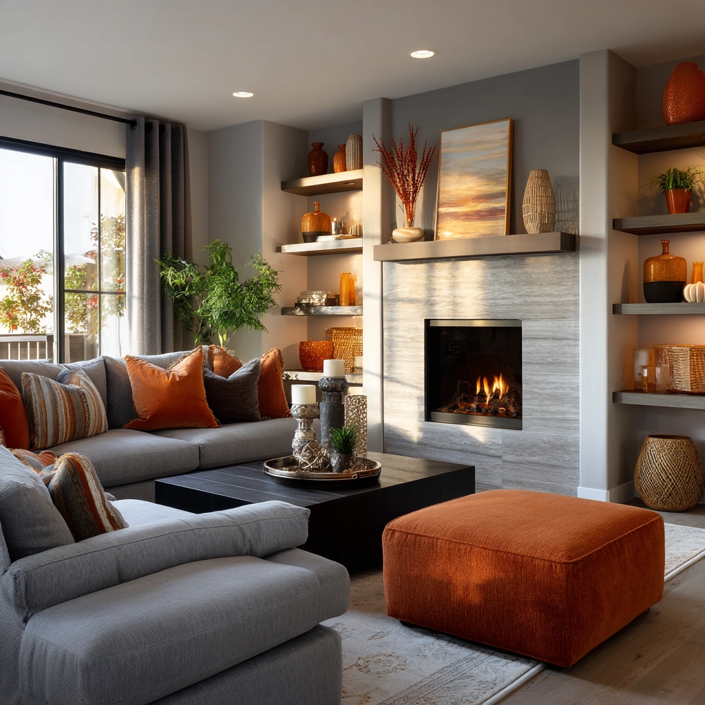 grey and orange living room 11