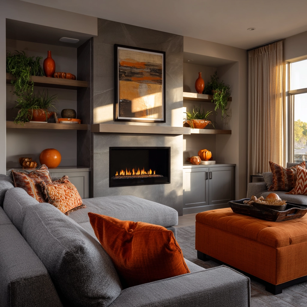 grey and orange living room 12