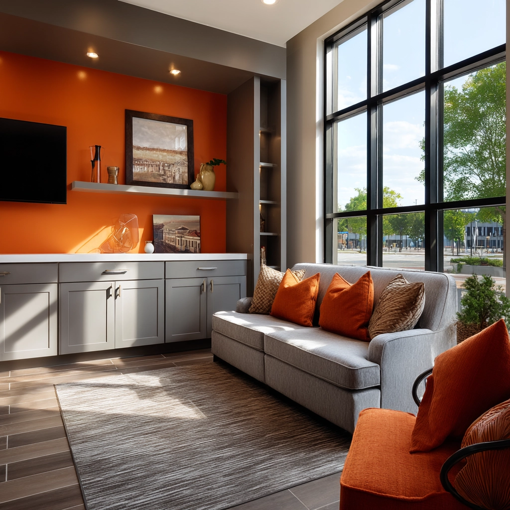 grey and orange living room 13