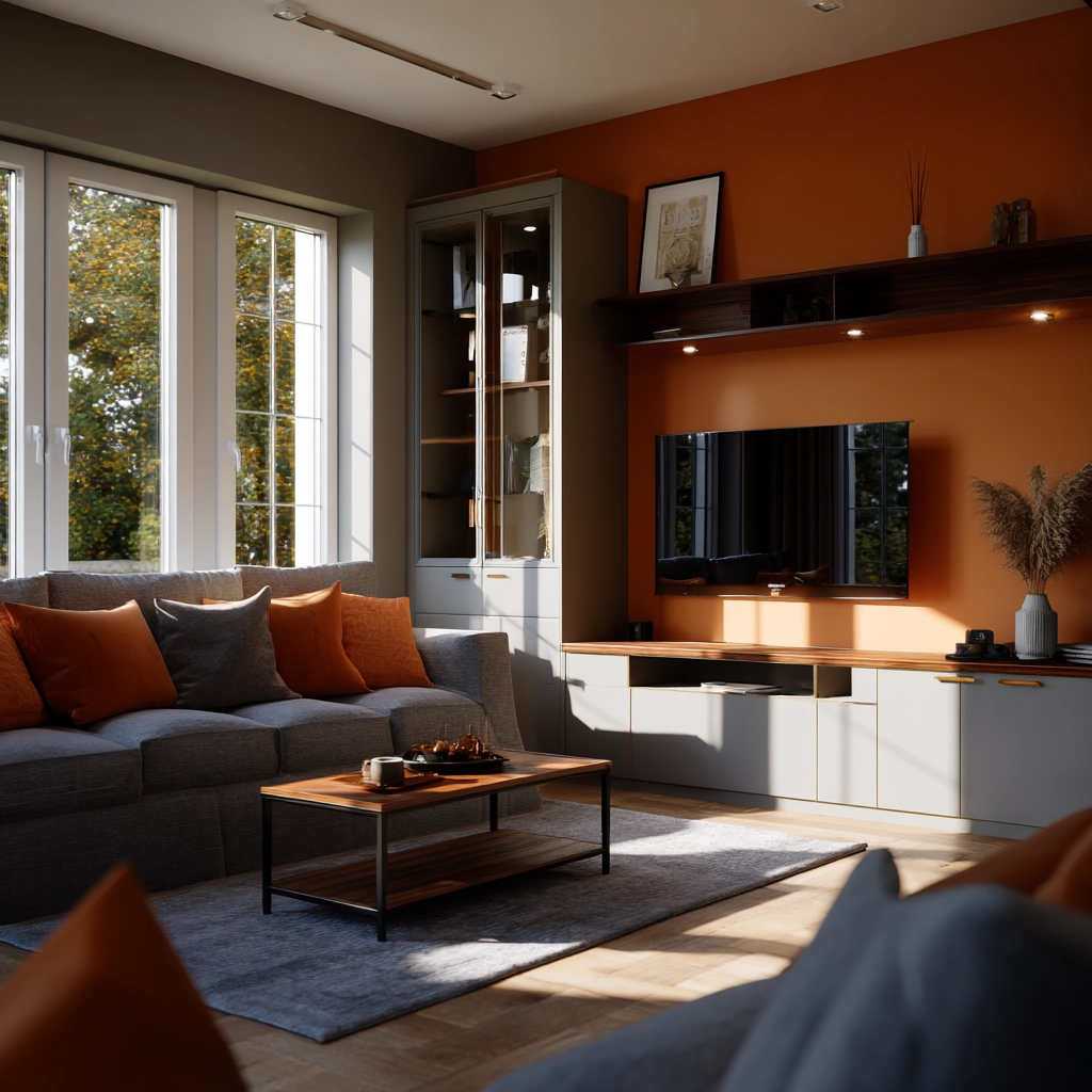 grey and orange living room 16