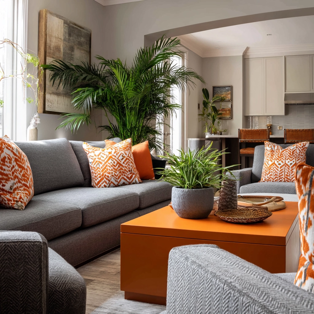 grey and orange living room 17