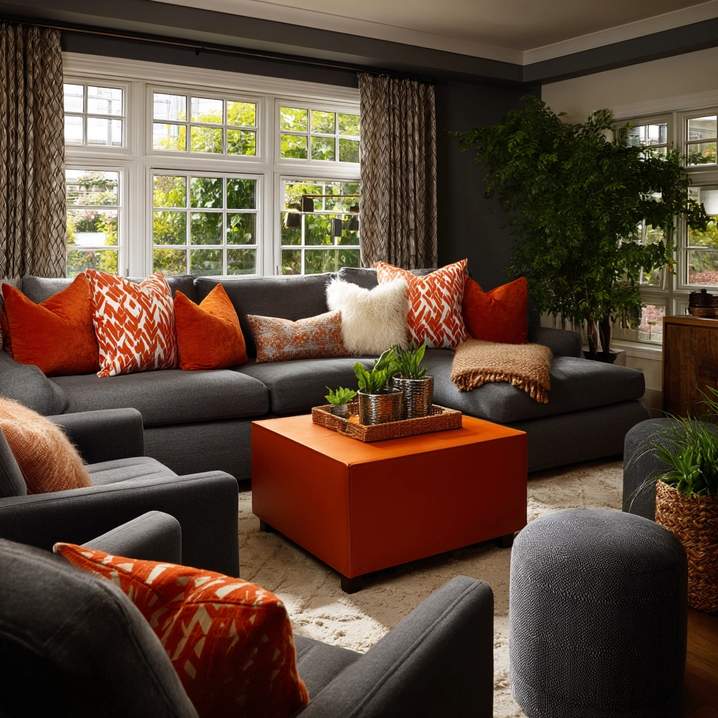 grey and orange living room 18