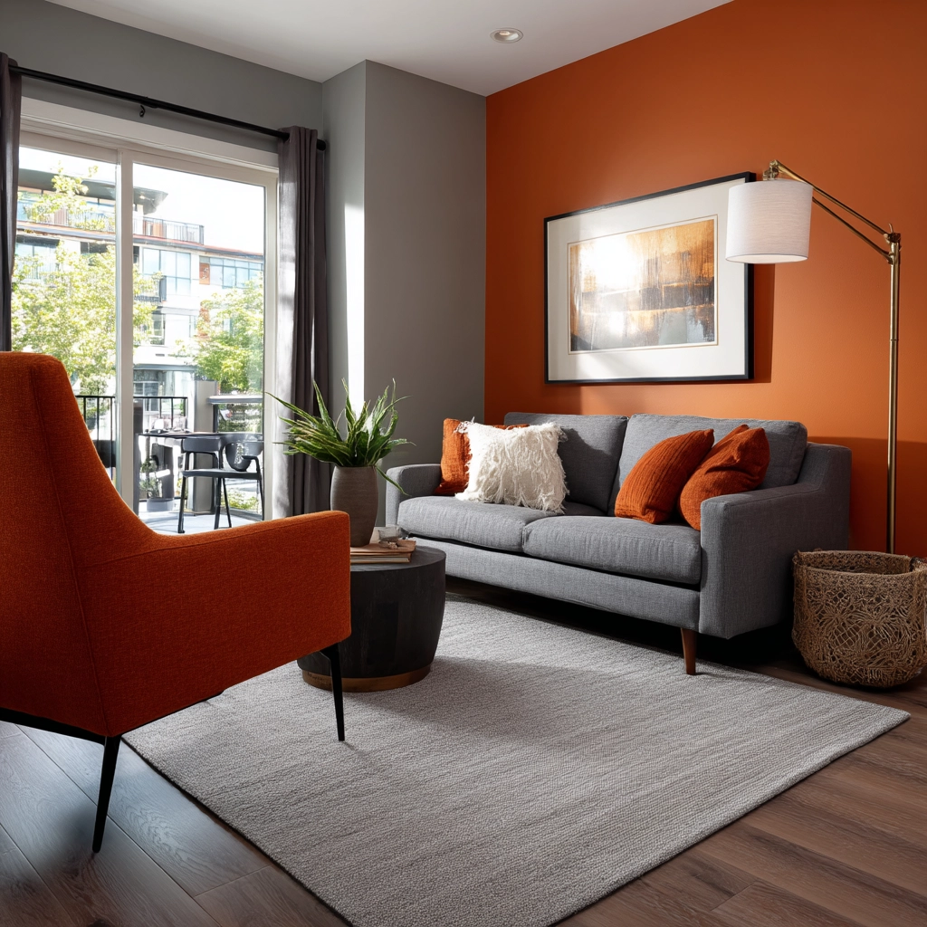 grey and orange living room 22