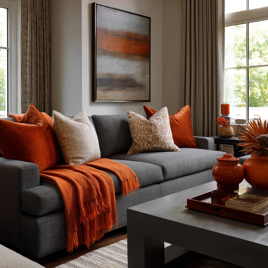 grey and orange living room 25