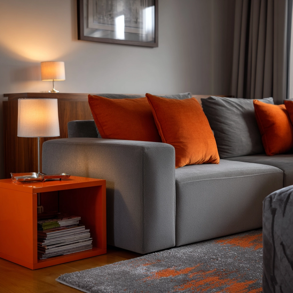 grey and orange living room 29