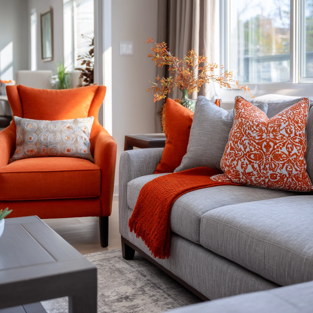 grey and orange living room 33
