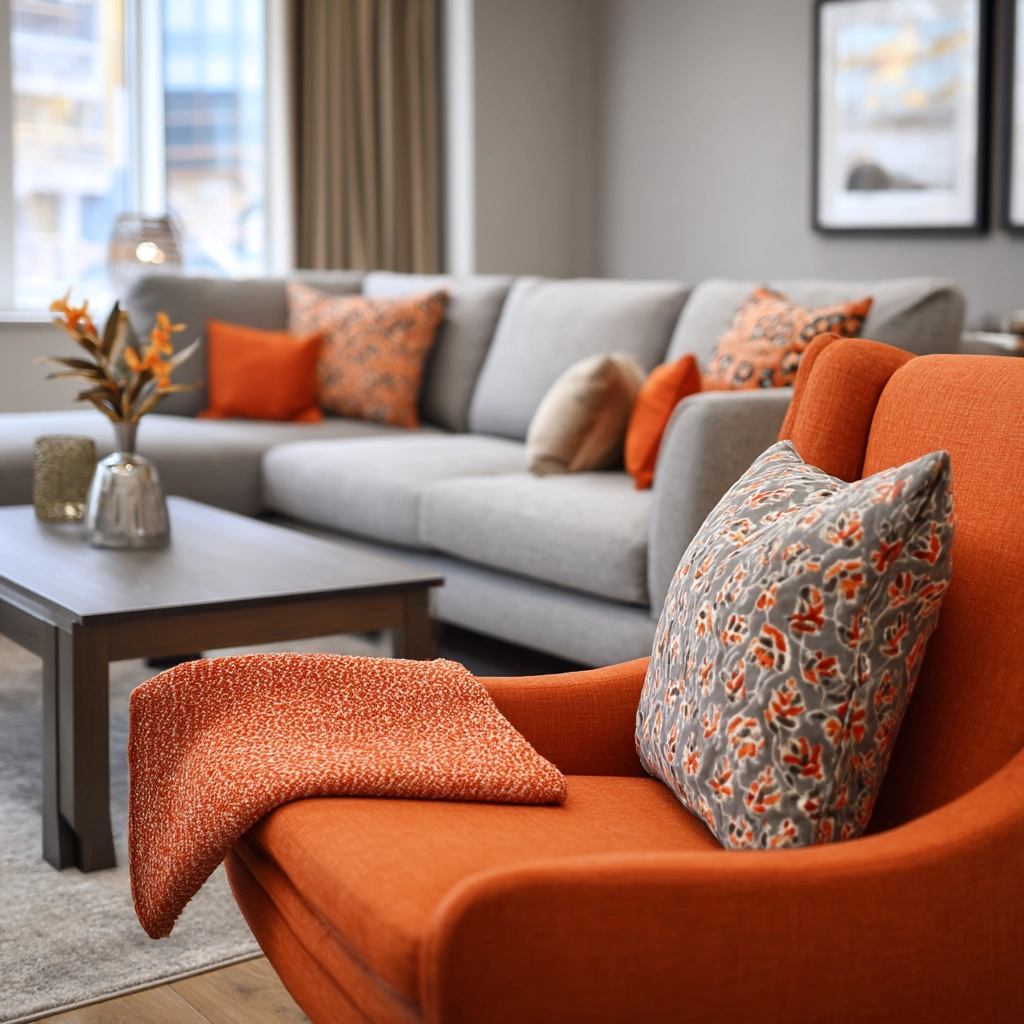 grey and orange living room 34