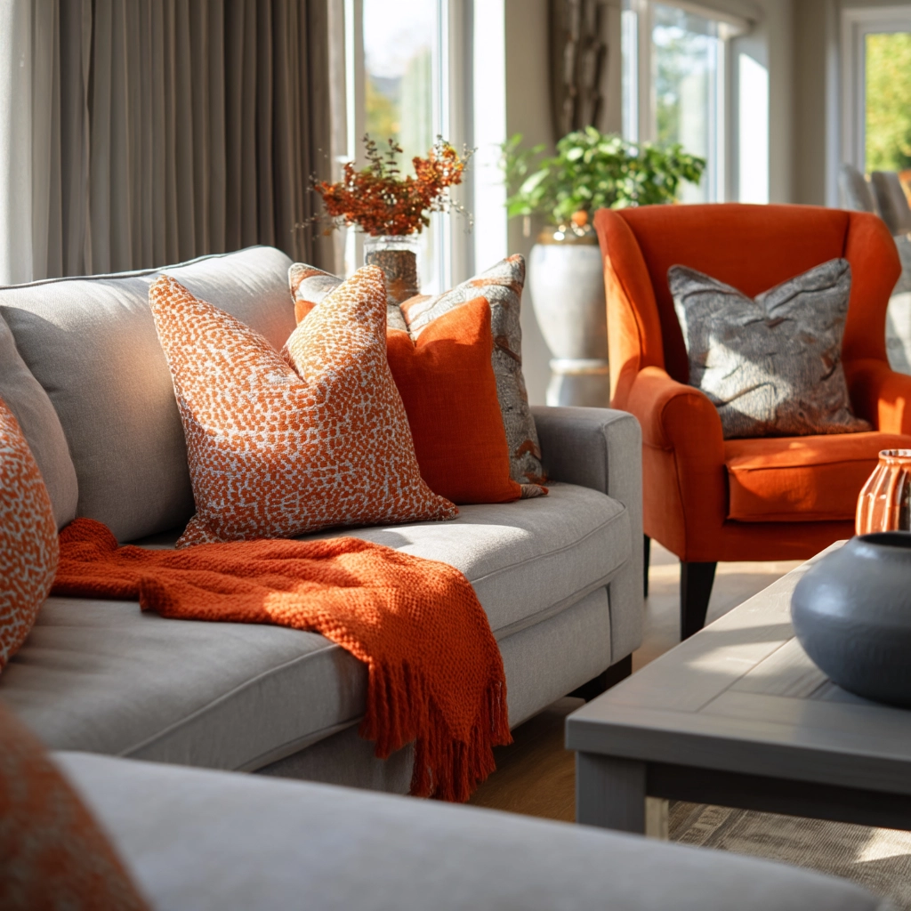 grey and orange living room 35