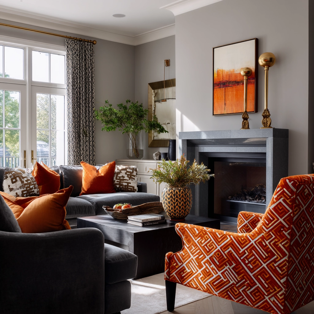 grey and orange living room 37