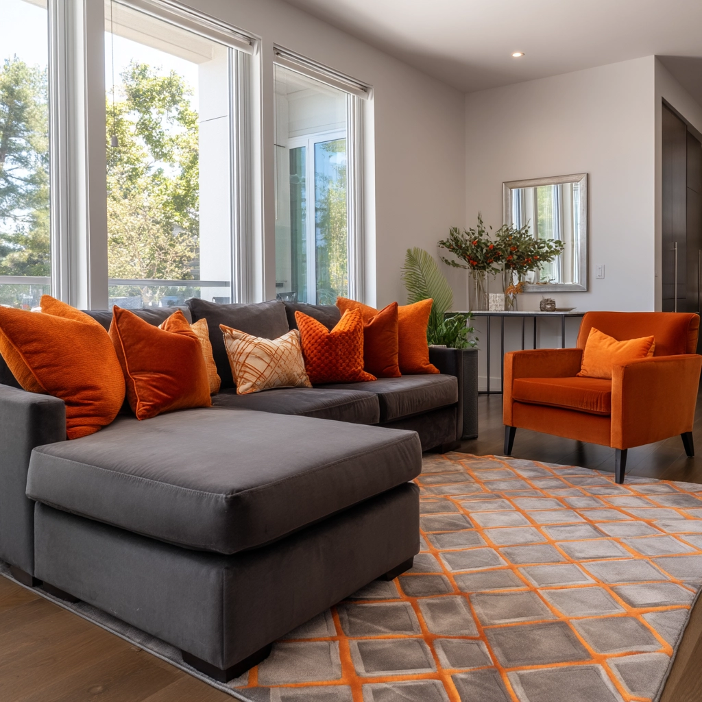 grey and orange living room 4
