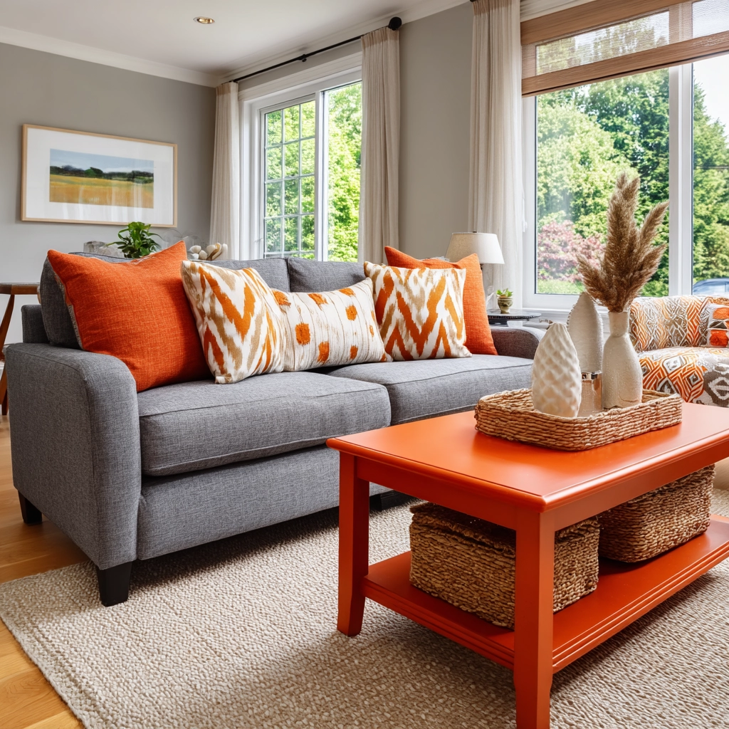 grey and orange living room 41
