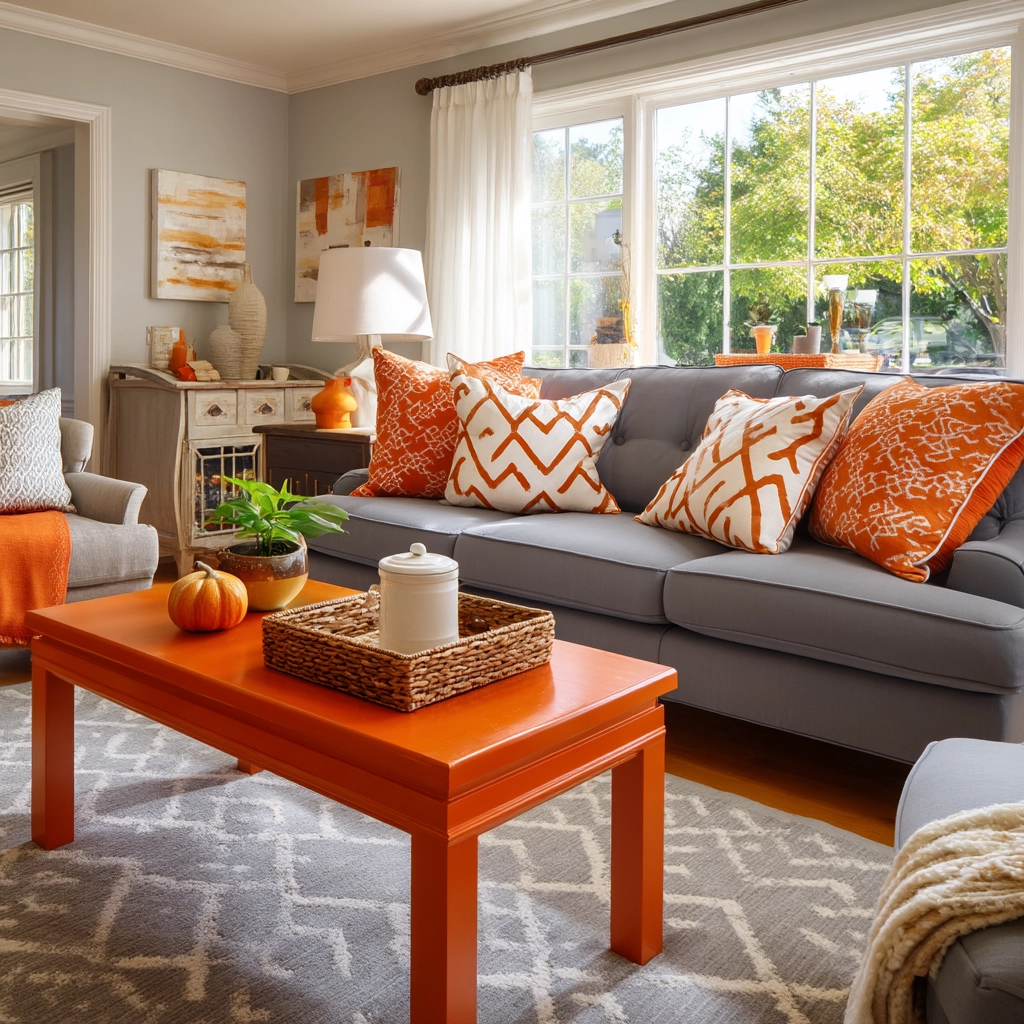 grey and orange living room 42
