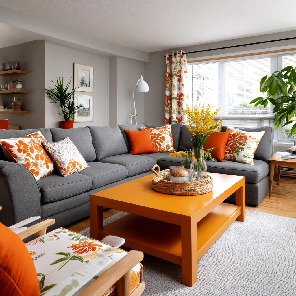 grey and orange living room 43