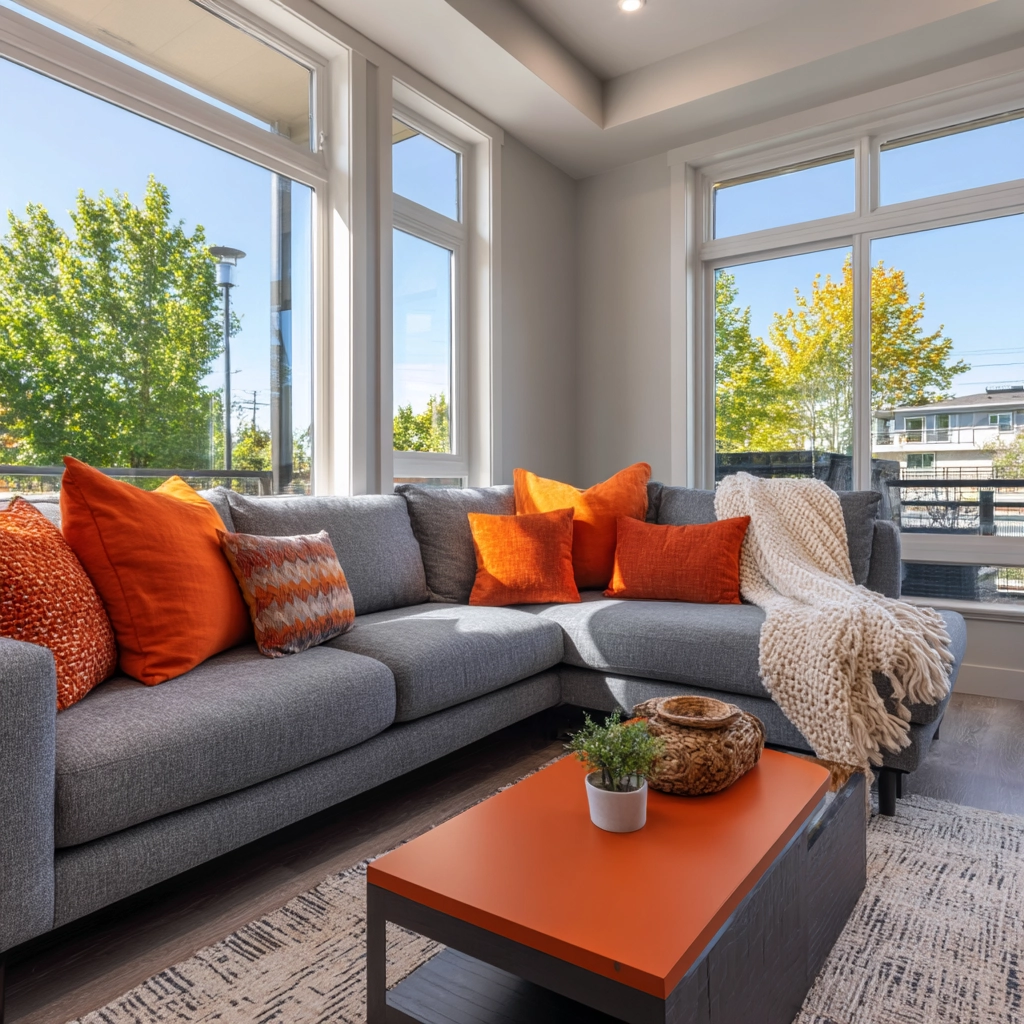 grey and orange living room 45