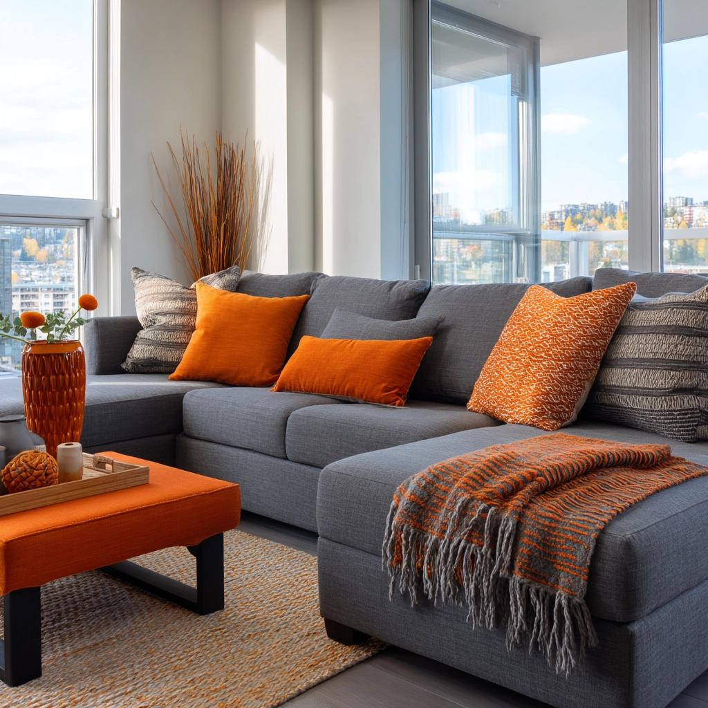 grey and orange living room 47