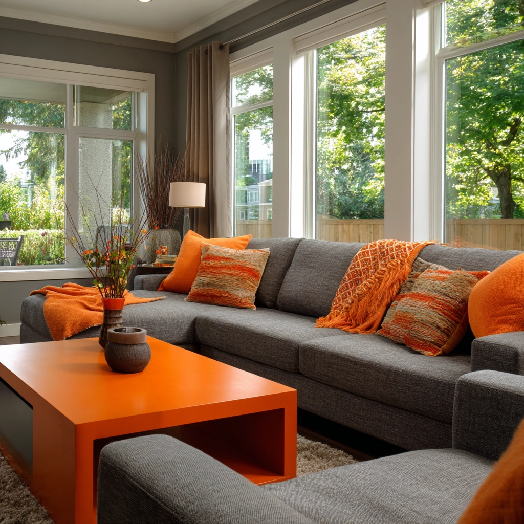 grey and orange living room 48