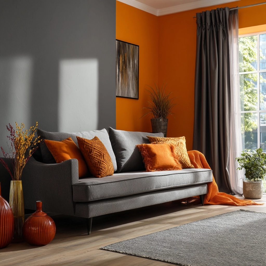 grey and orange living room 49