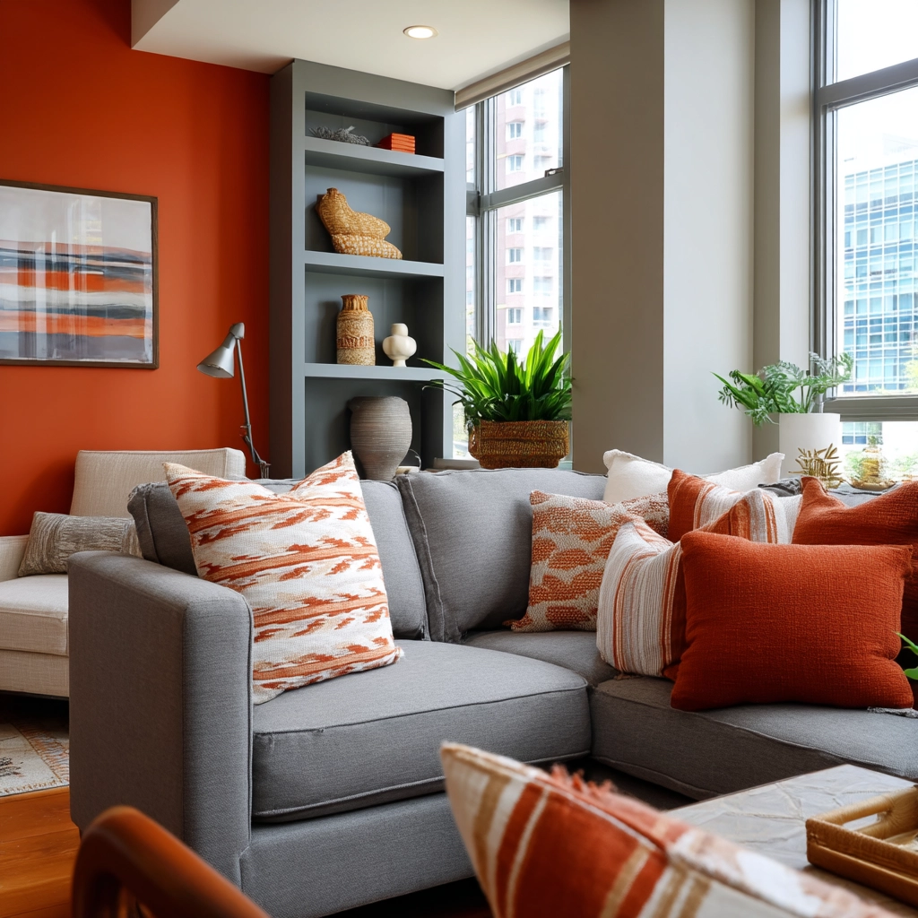 grey and orange living room 53