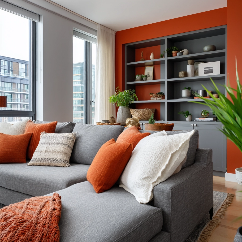 grey and orange living room 54
