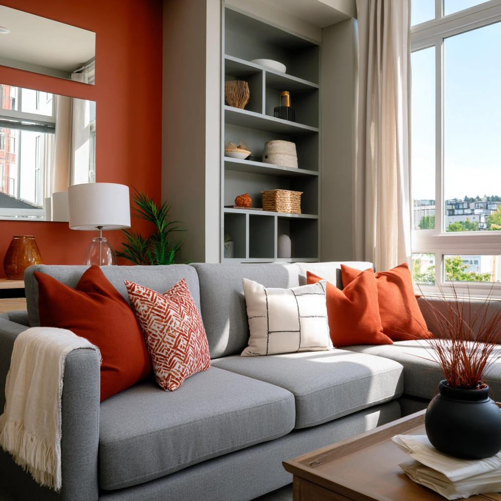 grey and orange living room 55