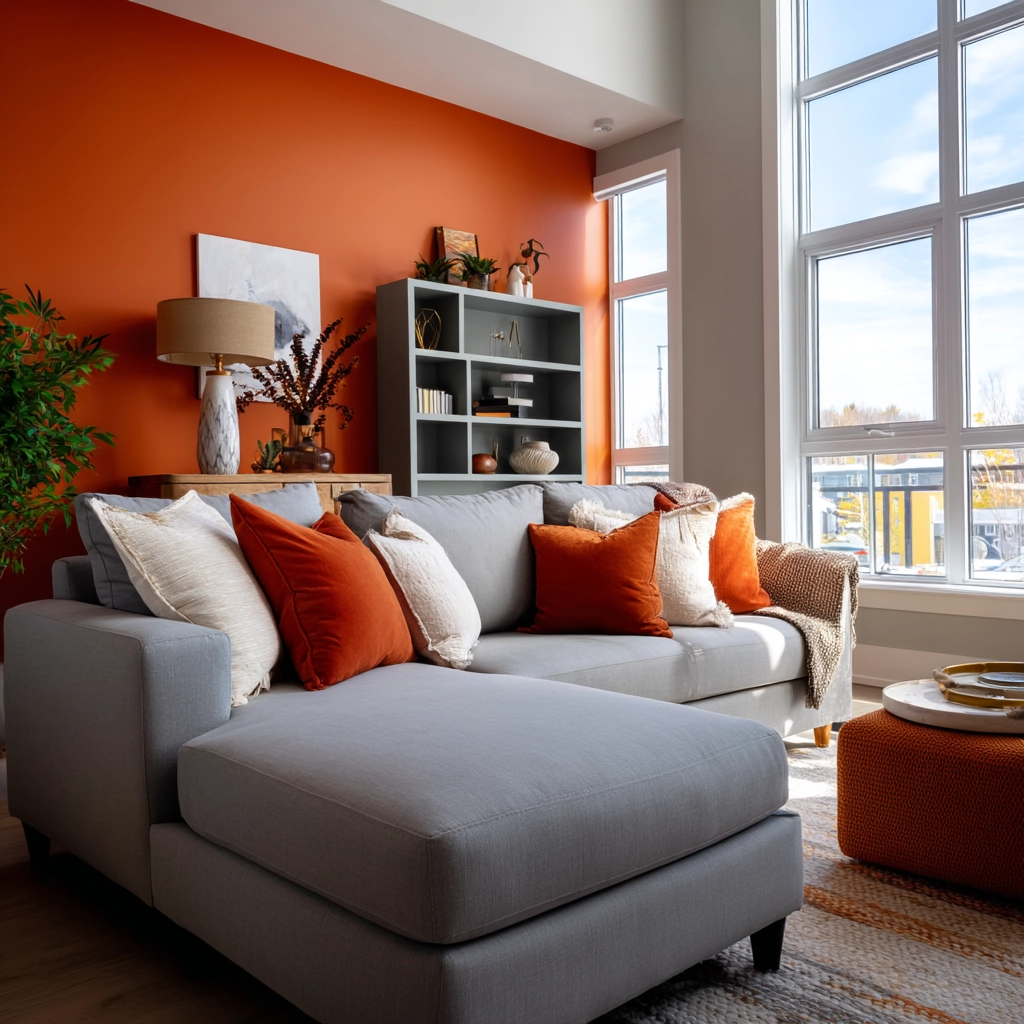 grey and orange living room 56