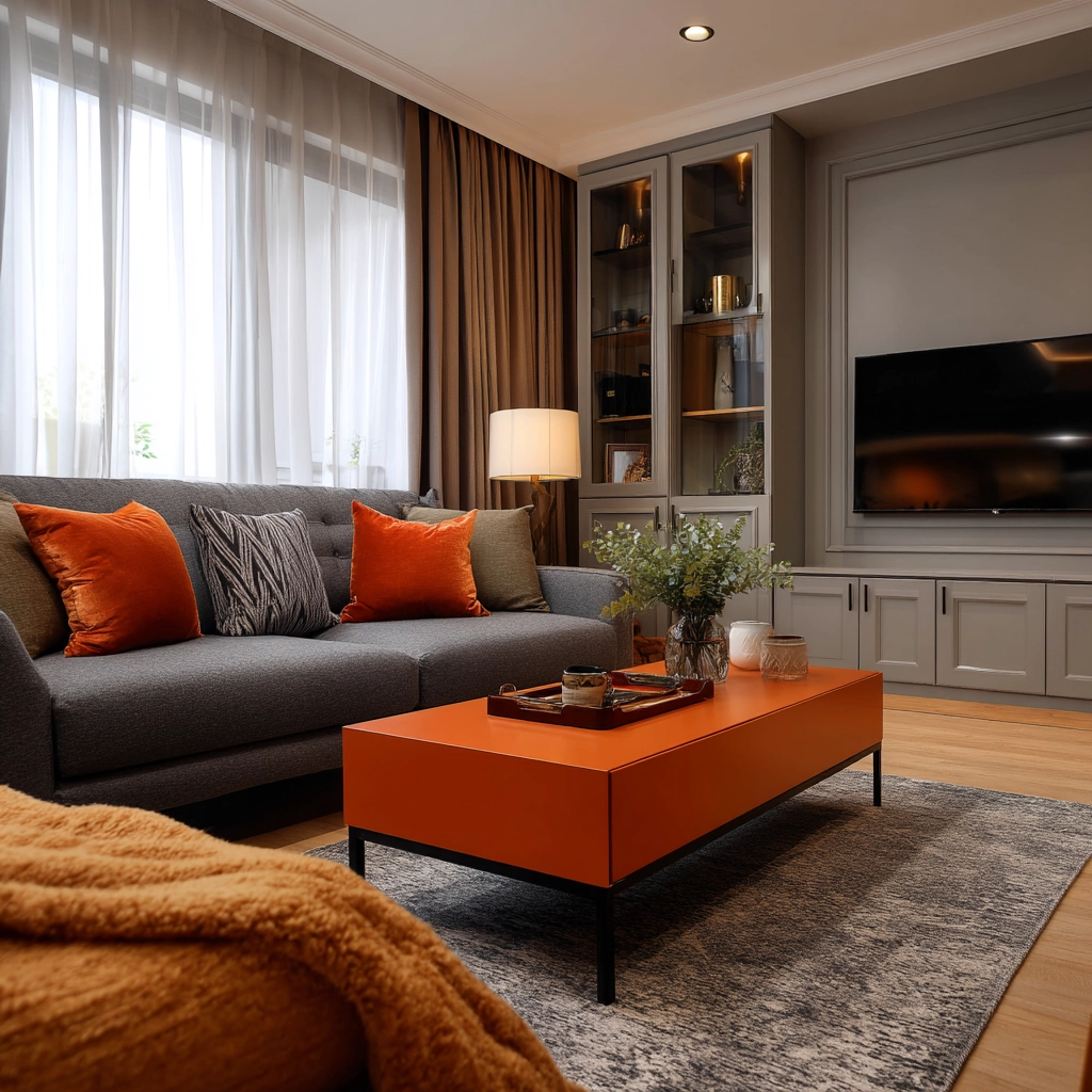 grey and orange living room 57