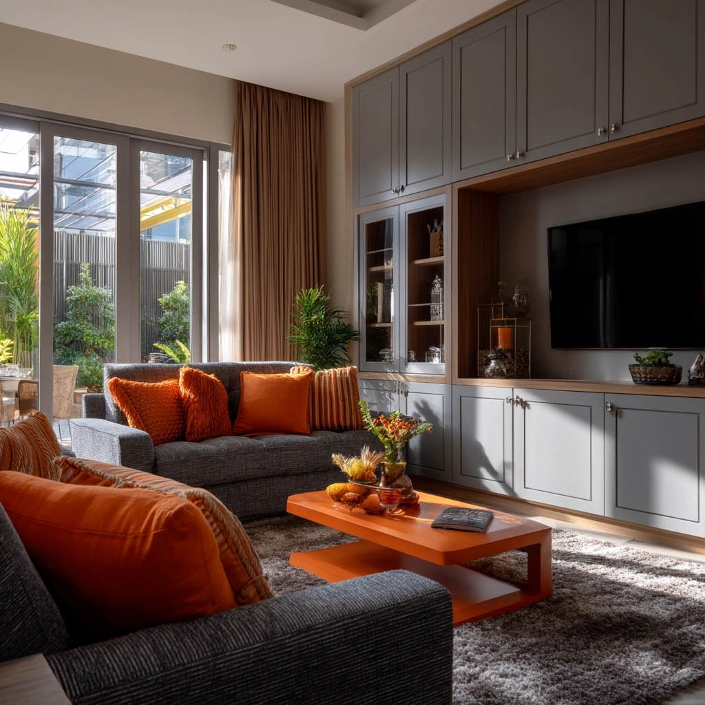 grey and orange living room 58