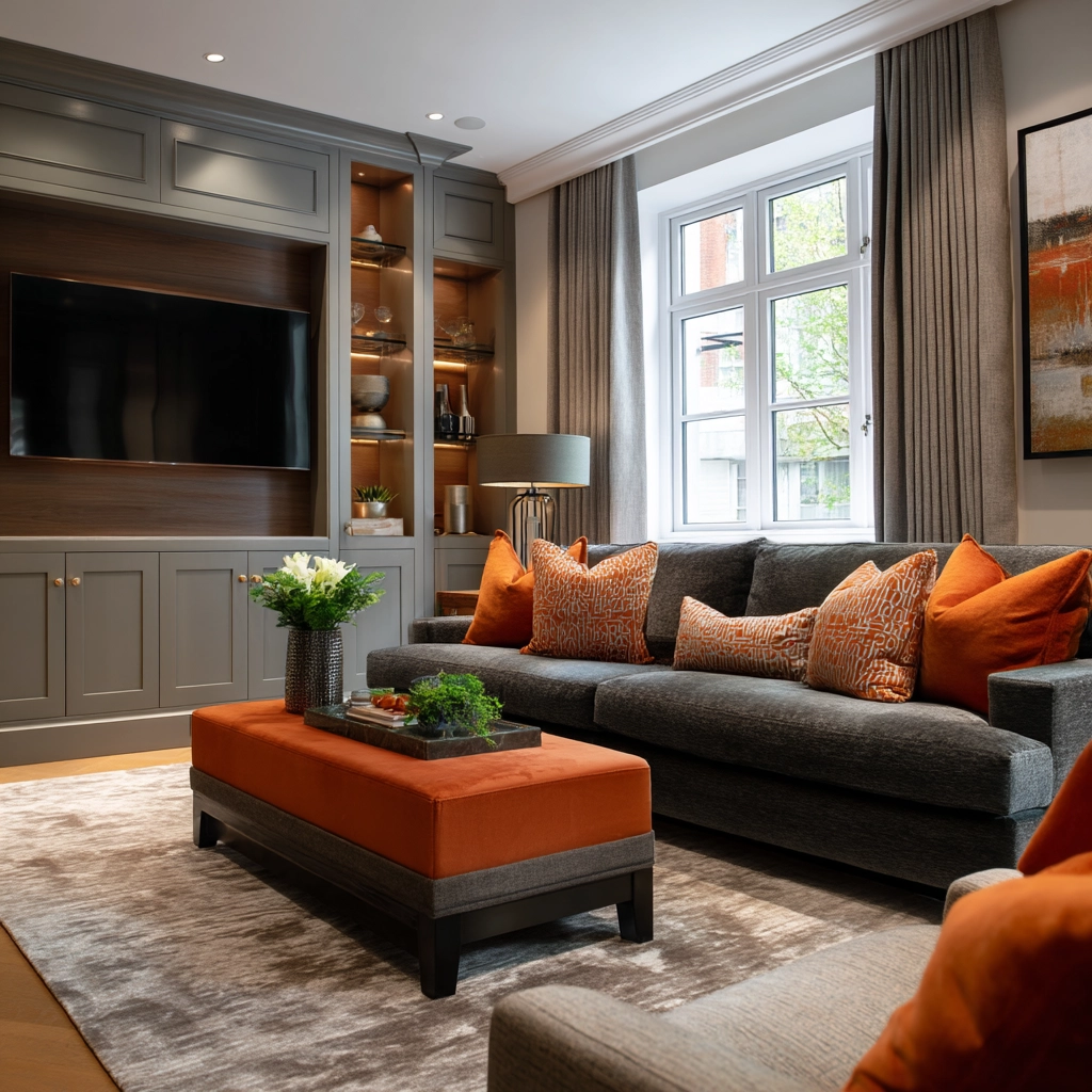 grey and orange living room 59