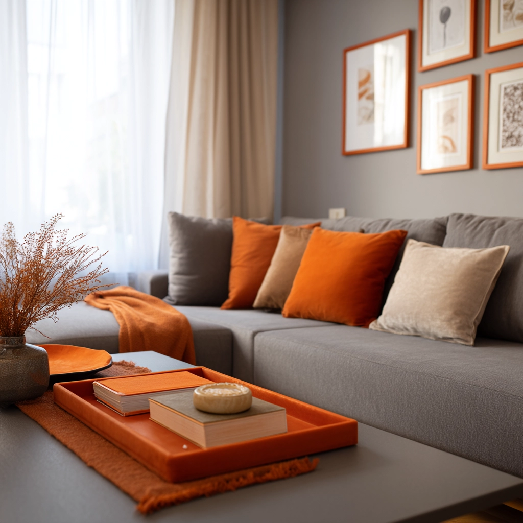 grey and orange living room 6
