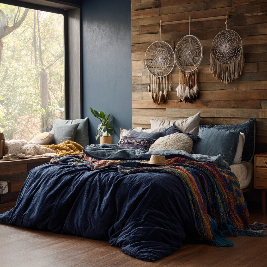 navy blue boho bedroom 11
