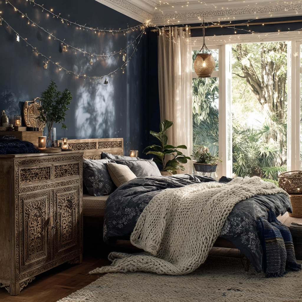 navy blue boho bedroom 21