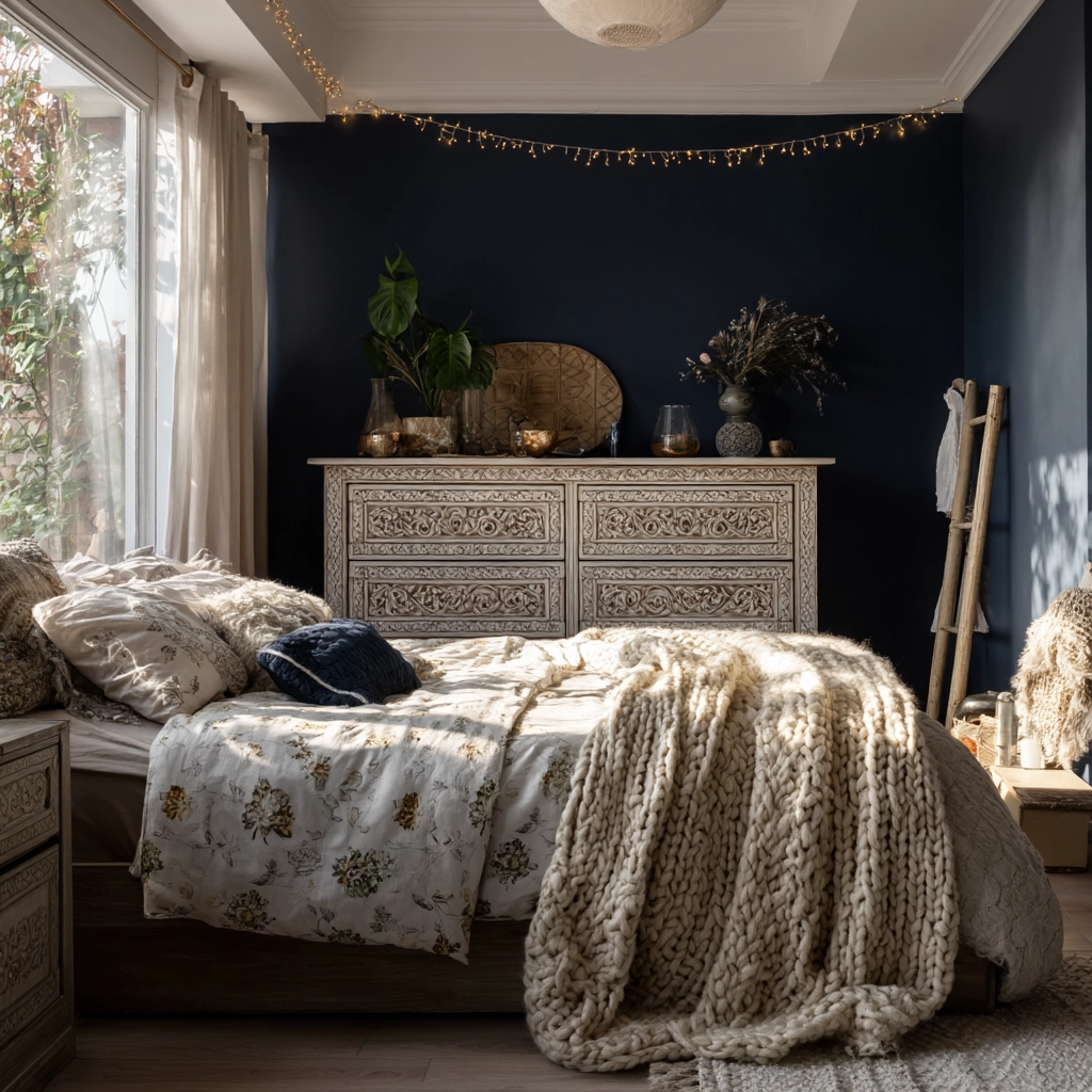 navy blue boho bedroom 22