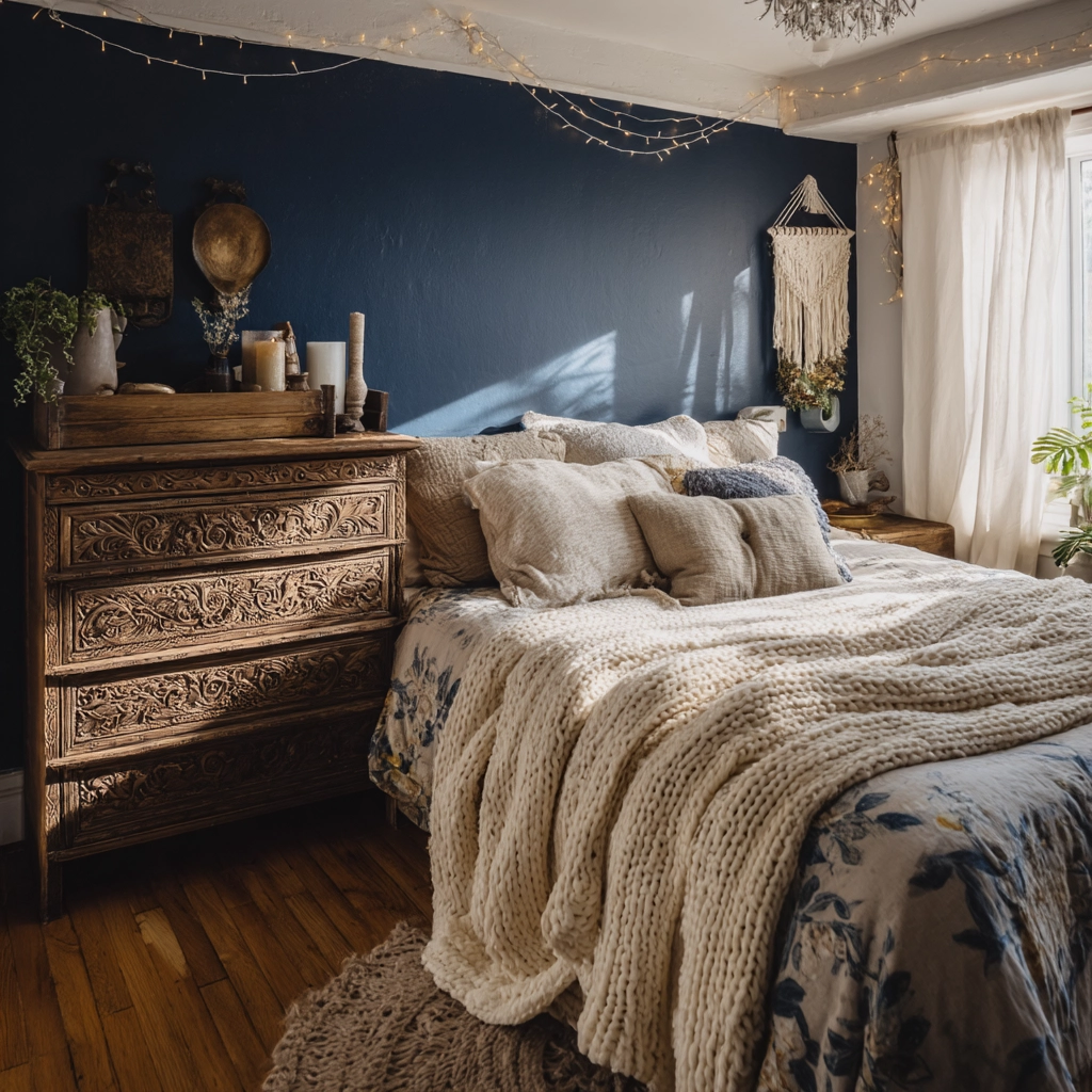 navy blue boho bedroom 23