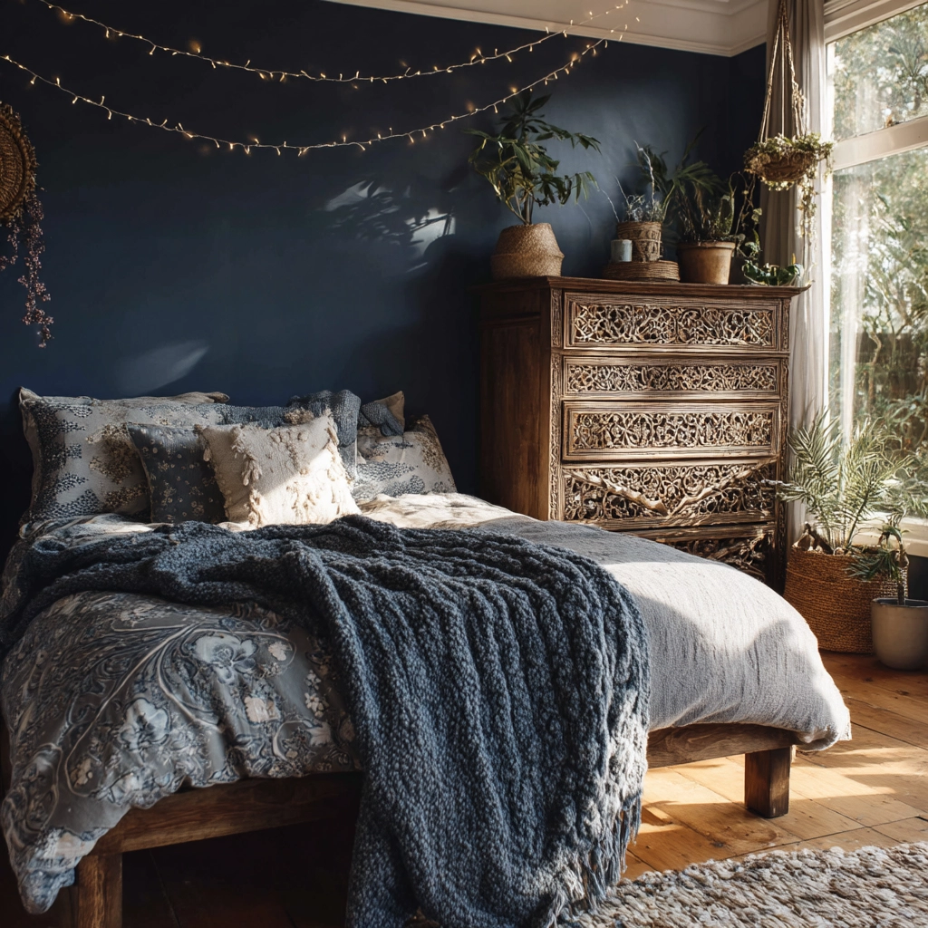 navy blue boho bedroom 24