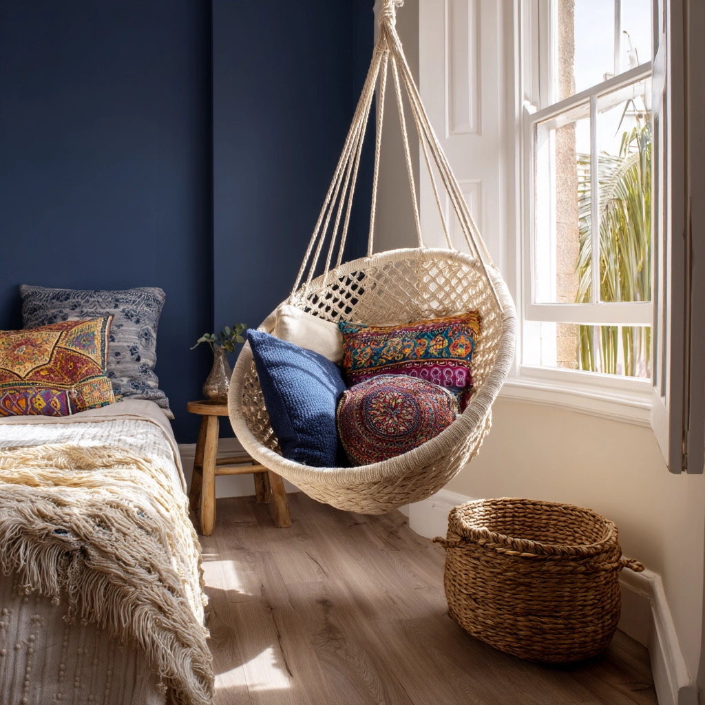 navy blue boho bedroom 25