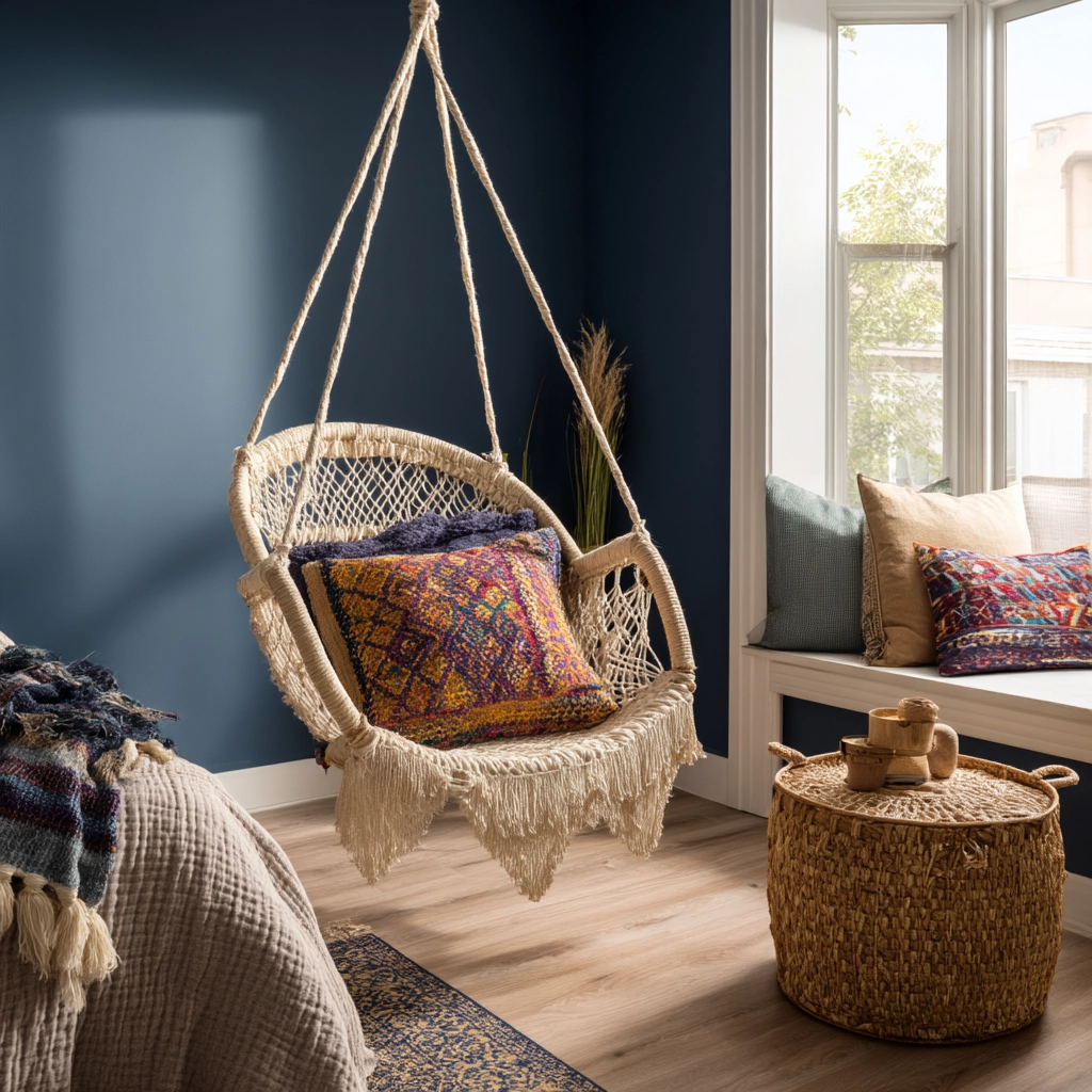 navy blue boho bedroom 27