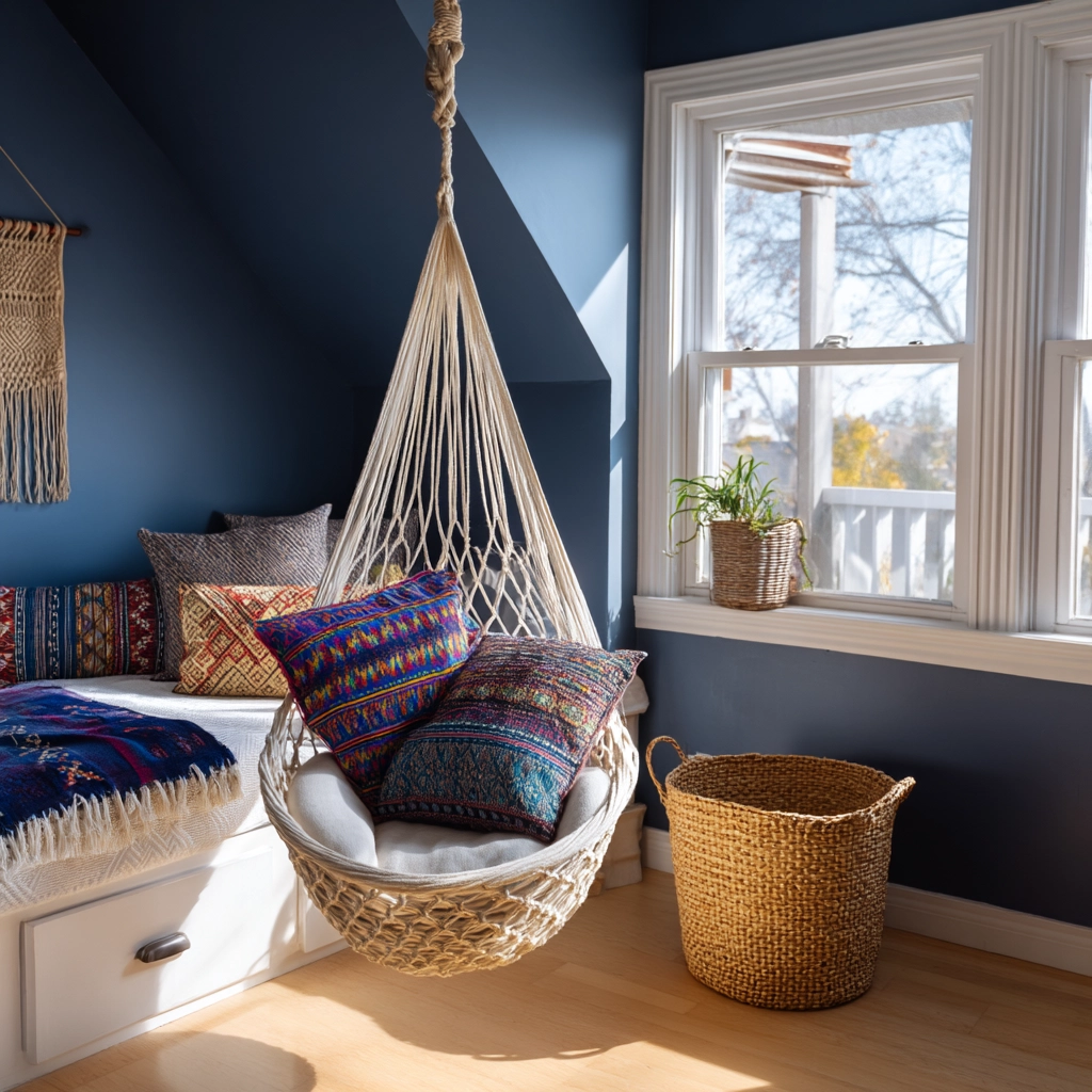 navy blue boho bedroom 28