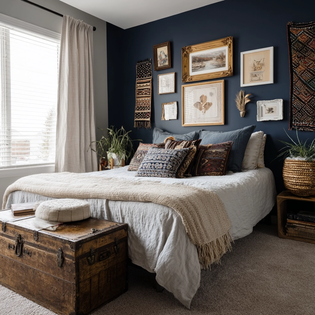 navy blue boho bedroom 36