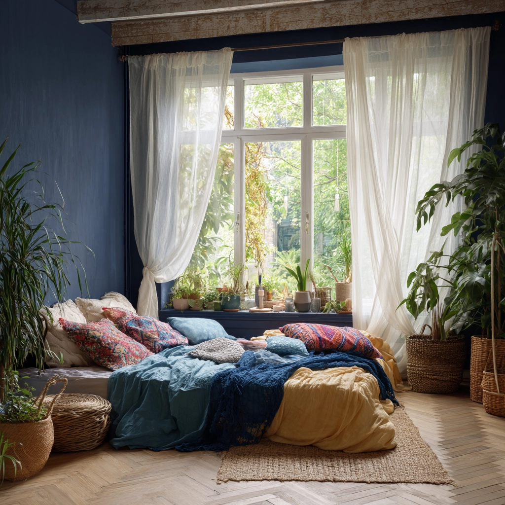 navy blue boho bedroom 40