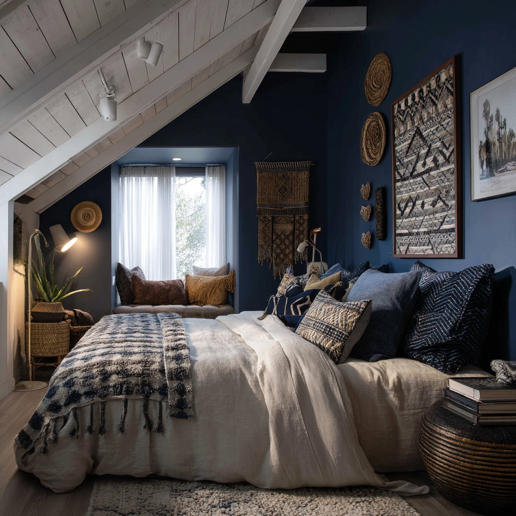 navy blue boho bedroom 43
