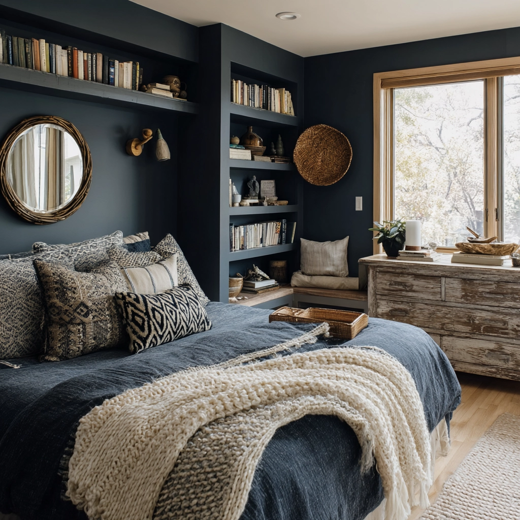 navy blue boho bedroom 46