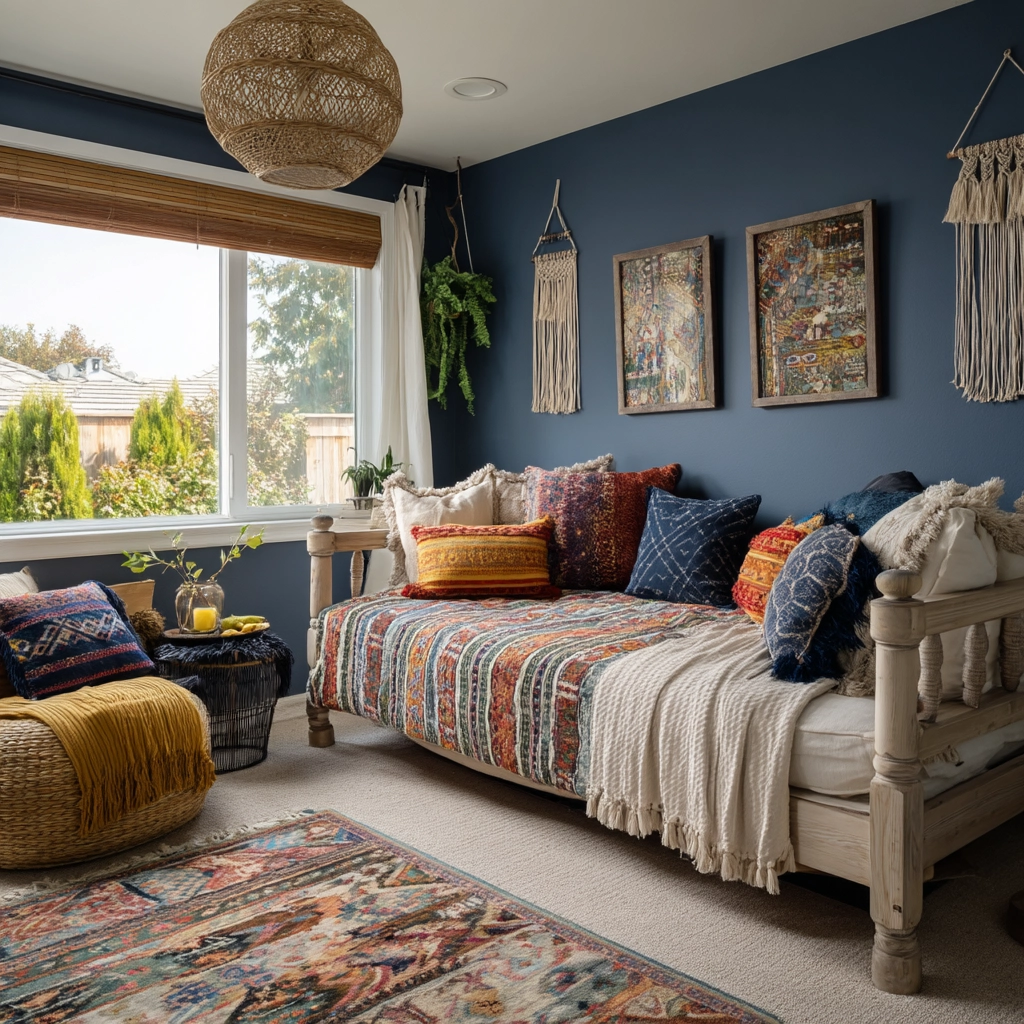 navy blue boho bedroom 49