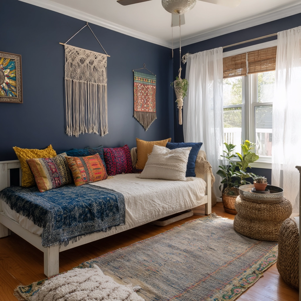 navy blue boho bedroom 51