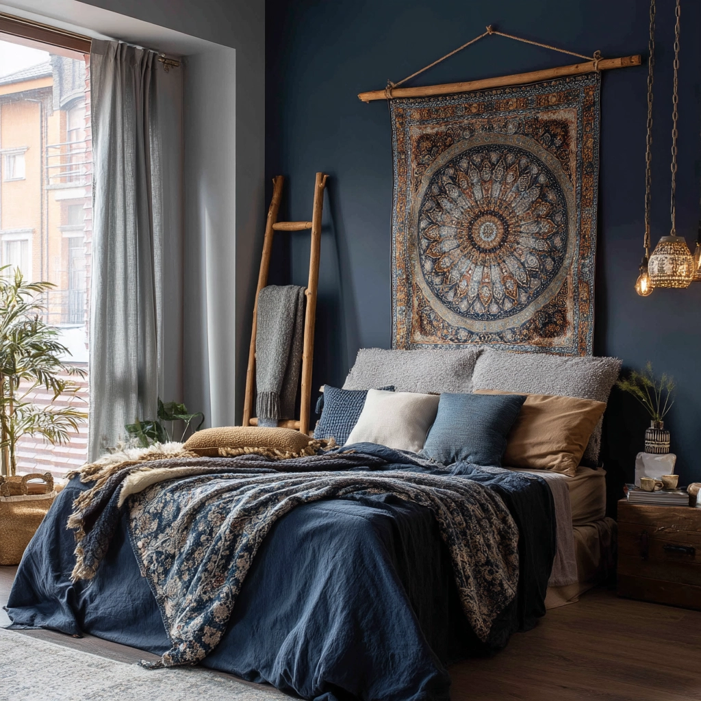 navy blue boho bedroom 55